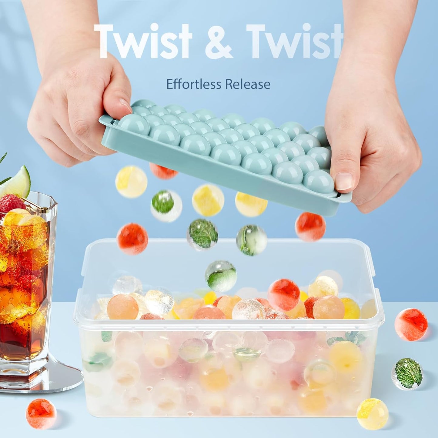 Round Ice Cube Tray with Lid & Bin Ice Ball Maker Mold