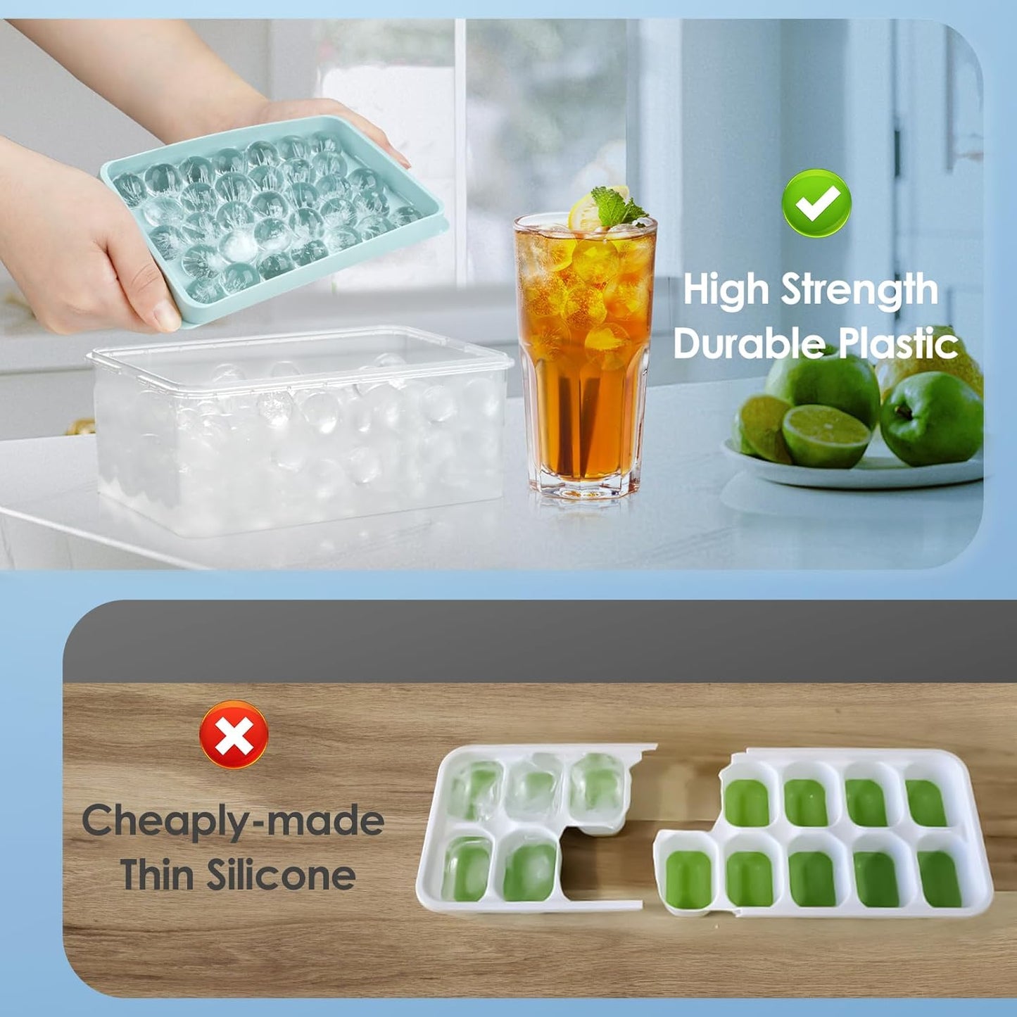 Round Ice Cube Tray with Lid & Bin Ice Ball Maker Mold