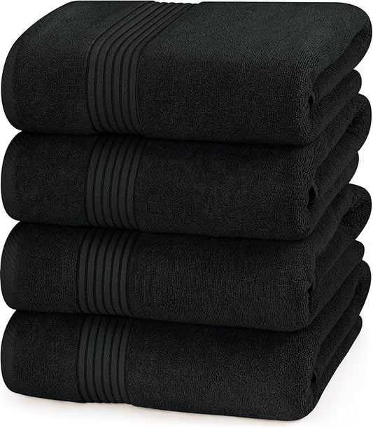 4 Pack Bath Towels Set, (27 x 54 Inches) 100% Ring Spun Cotton - Black