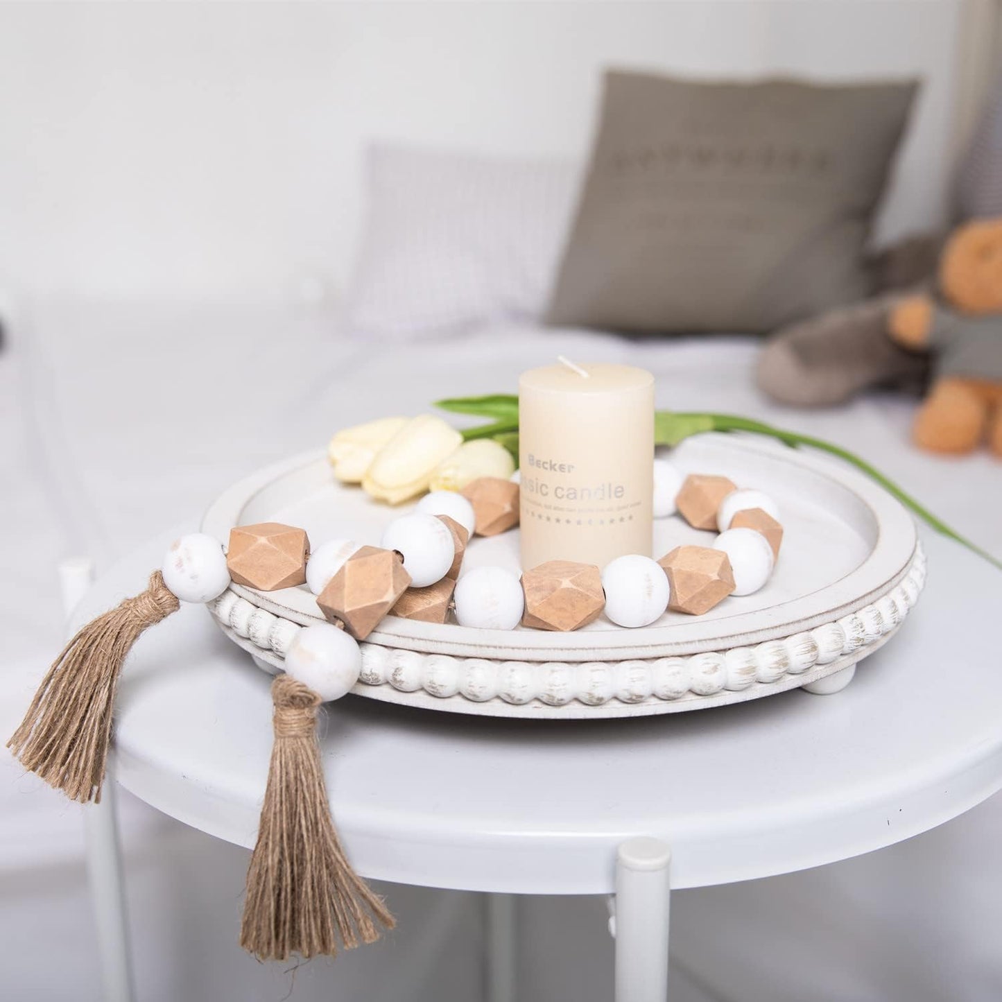 HPC Decor 12in Round Tray for Home Decor- White Wood Beaded Tray- Decorative Round Tray for Living Room Decor
