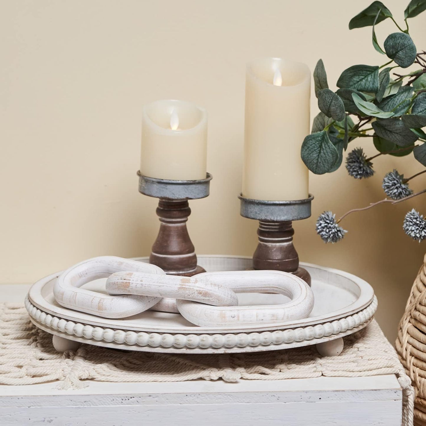 HPC Decor 12in Round Tray for Home Decor- White Wood Beaded Tray- Decorative Round Tray for Living Room Decor