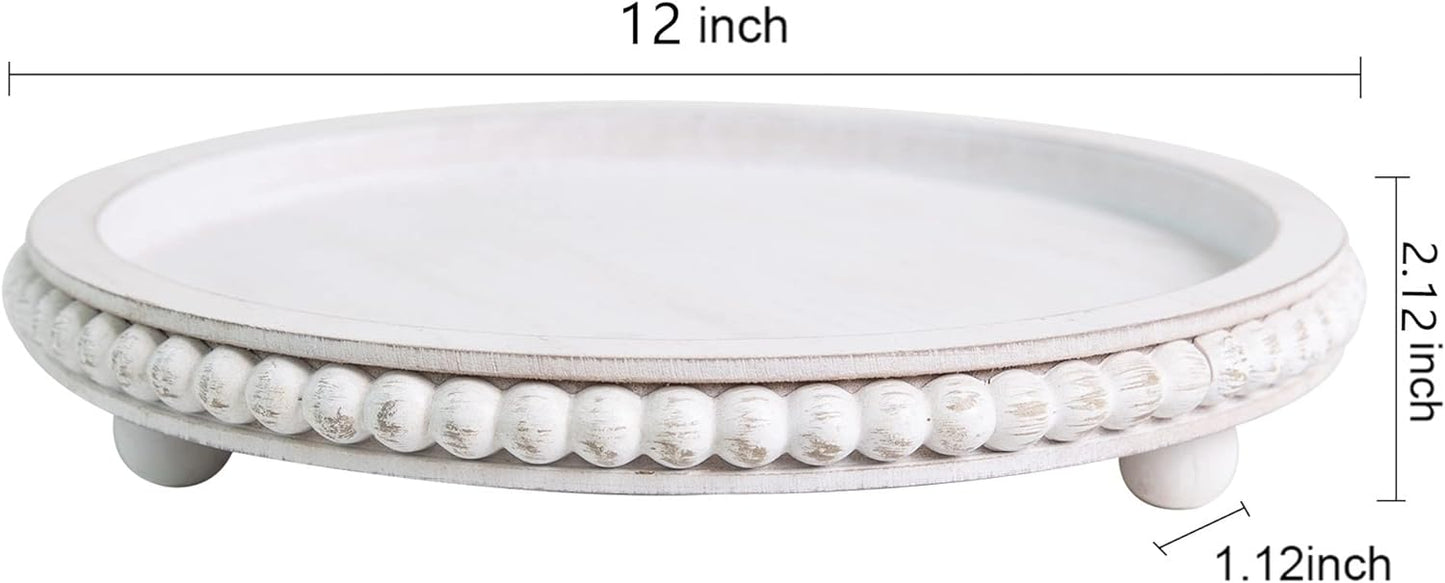 HPC Decor 12in Round Tray for Home Decor- White Wood Beaded Tray- Decorative Round Tray for Living Room Decor