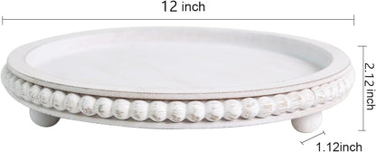 HPC Decor 12in Round Tray for Home Decor- White Wood Beaded Tray- Decorative Round Tray for Living Room Decor